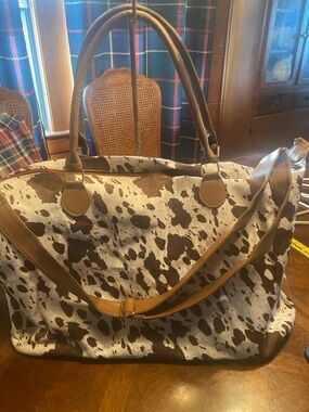 Cowhide-Print Weekender Bag in Brown and White - Travel Tote